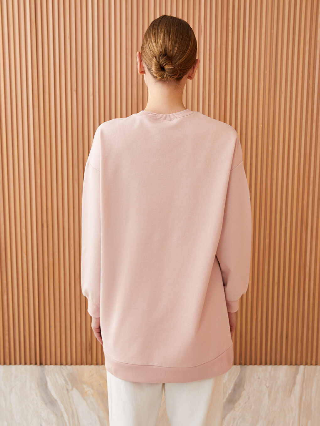 Pembe Bisiklet Yaka Baskılı Uzun Kollu Oversize Kadın Sweatshirt Tunik-4