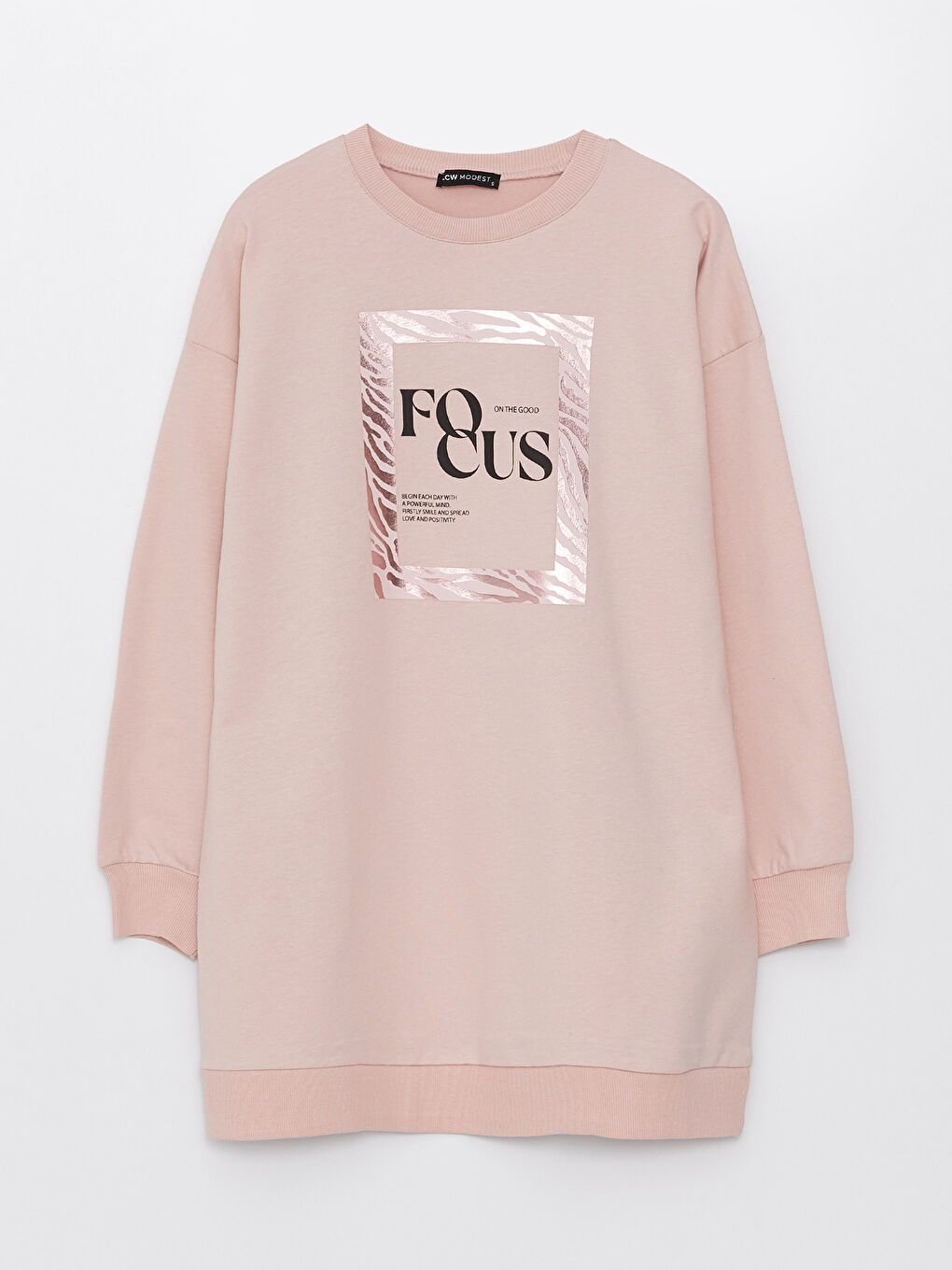 Pembe Bisiklet Yaka Baskılı Uzun Kollu Oversize Kadın Sweatshirt Tunik-5