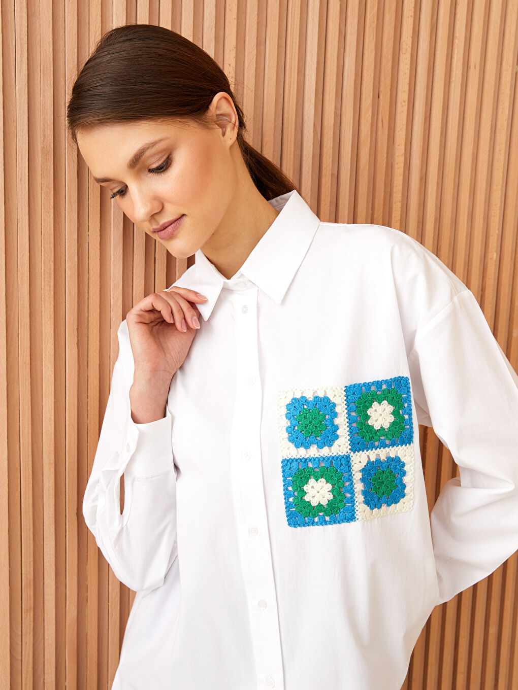 Ekru Desenli Uzun Kollu Kadın Gömlek