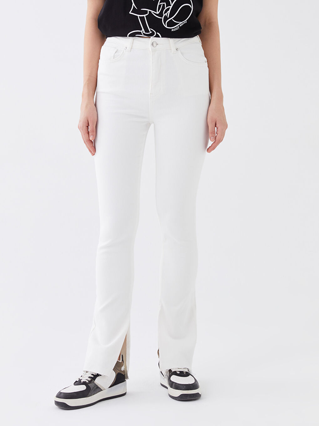 Blugi Evazați Marte cu Talie Înaltă pentru Femei cu Crăpături pe Picioare-2