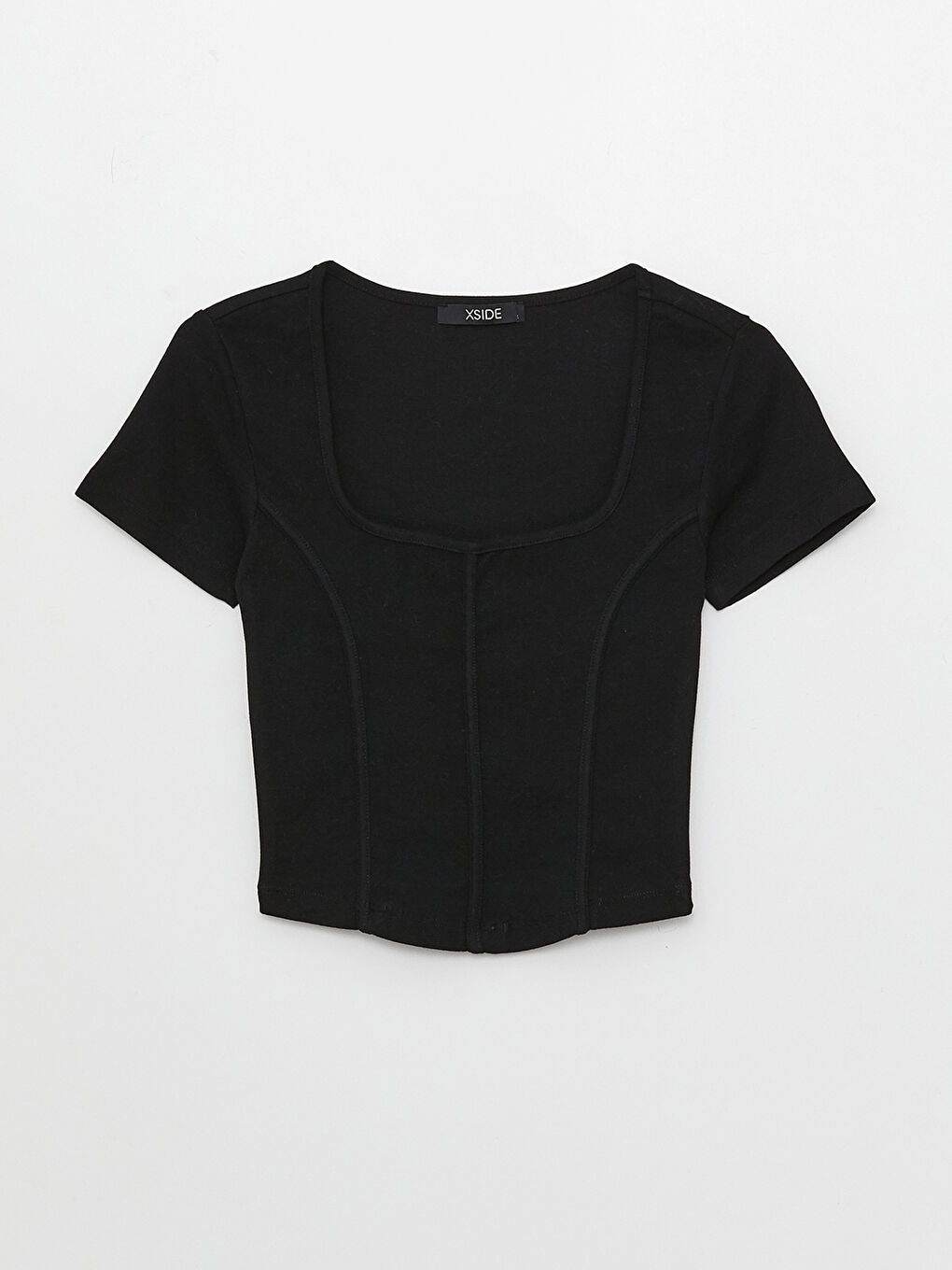 Siyah Kare Yaka Düz Kısa Kollu Kadın Crop-5