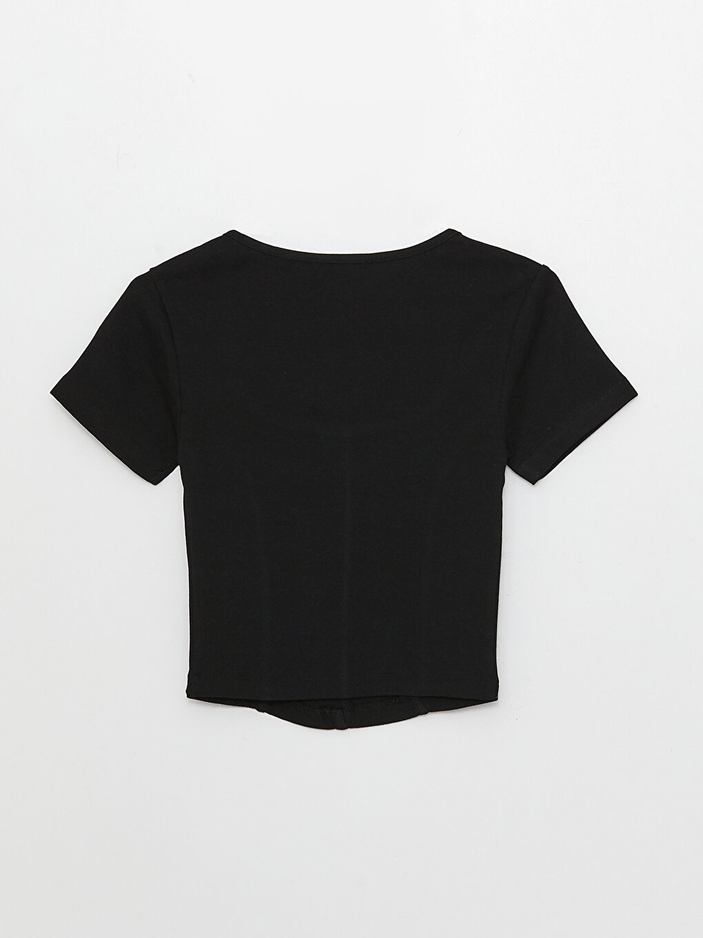 Siyah Kare Yaka Düz Kısa Kollu Kadın Crop-6