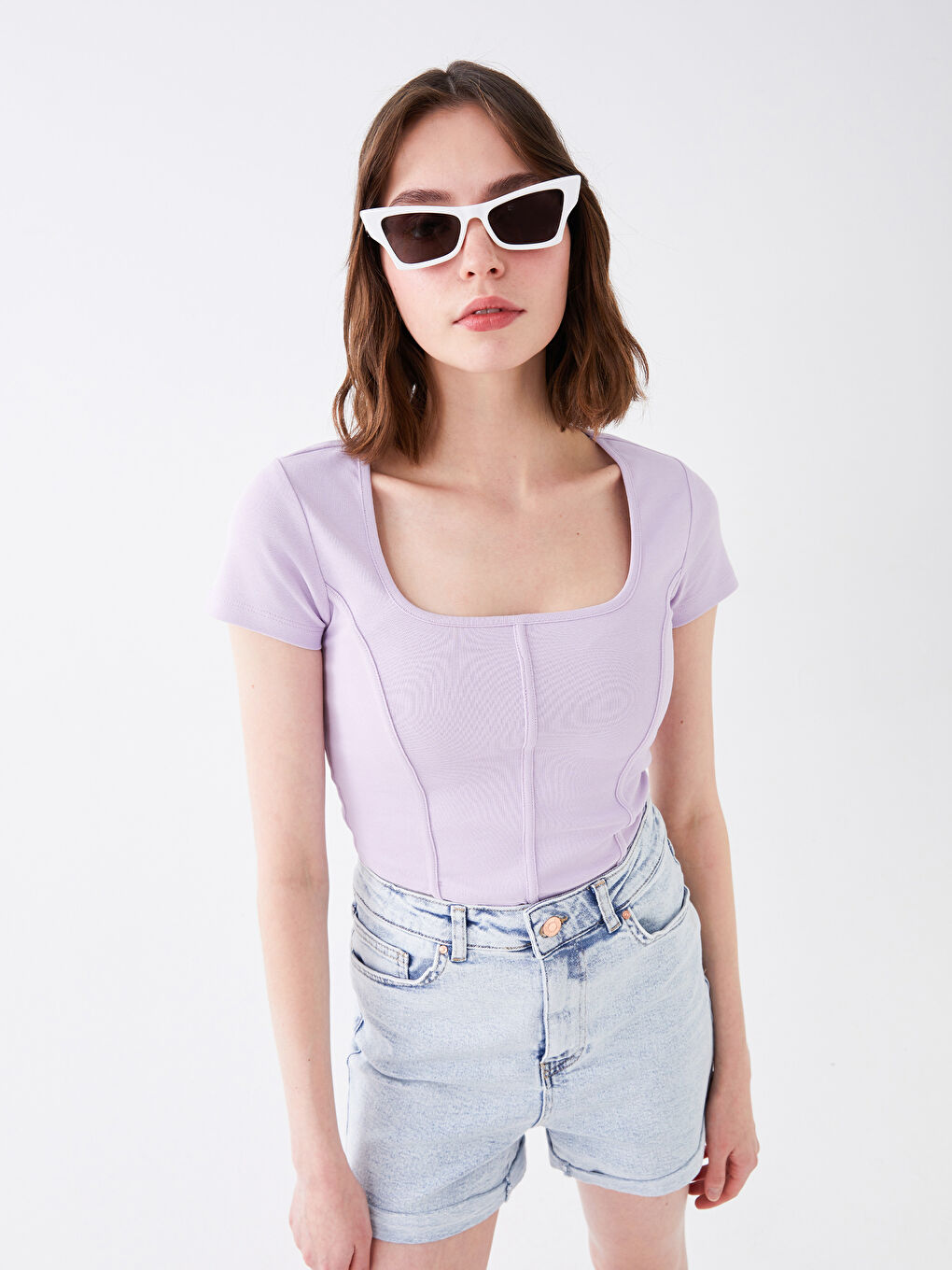 Crop Top Pentru Femei Cu Guler Pătrat Simplu Și Mânecă Scurtă