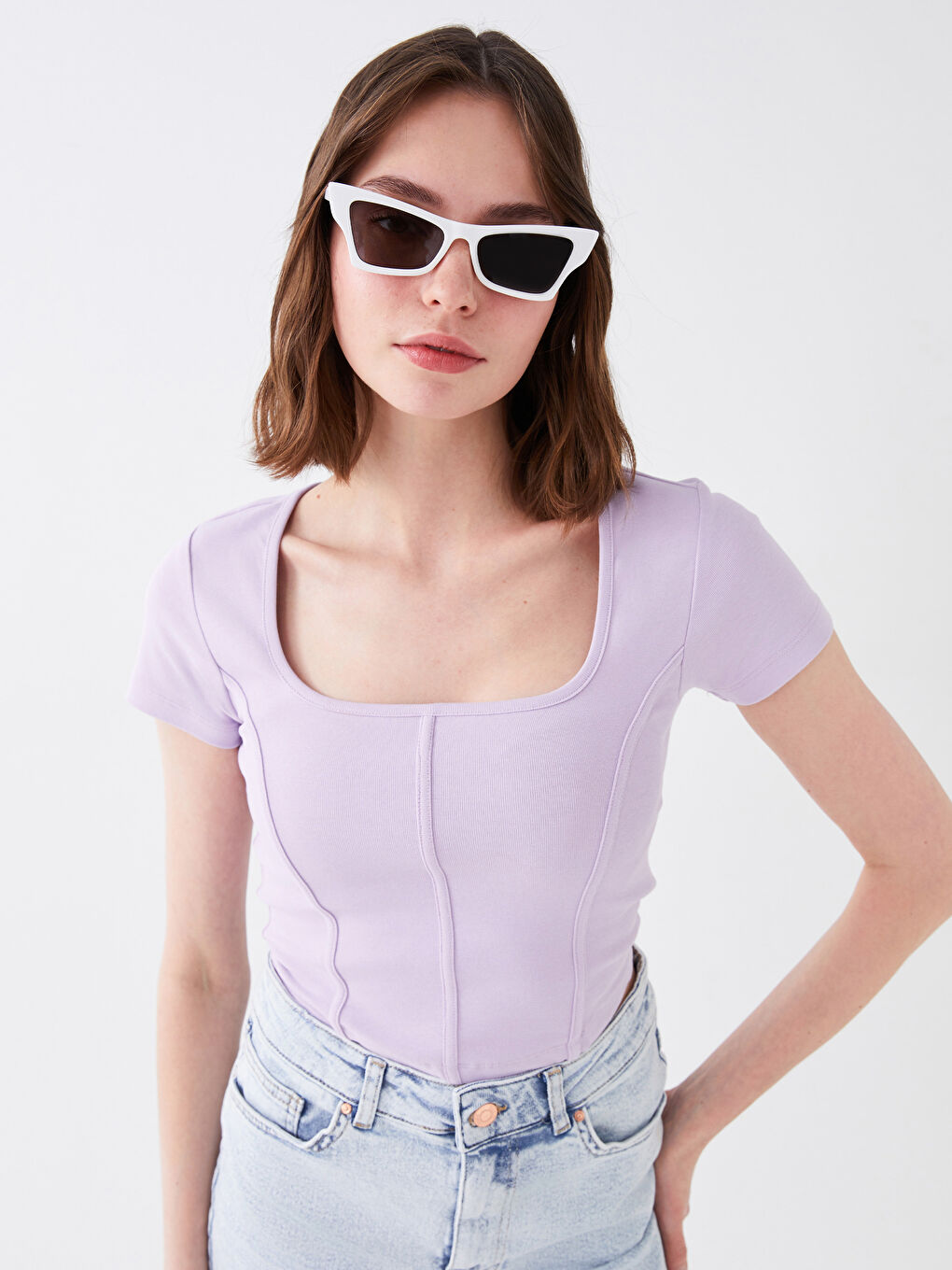 Crop Top Pentru Femei Cu Guler Pătrat Simplu Și Mânecă Scurtă-1