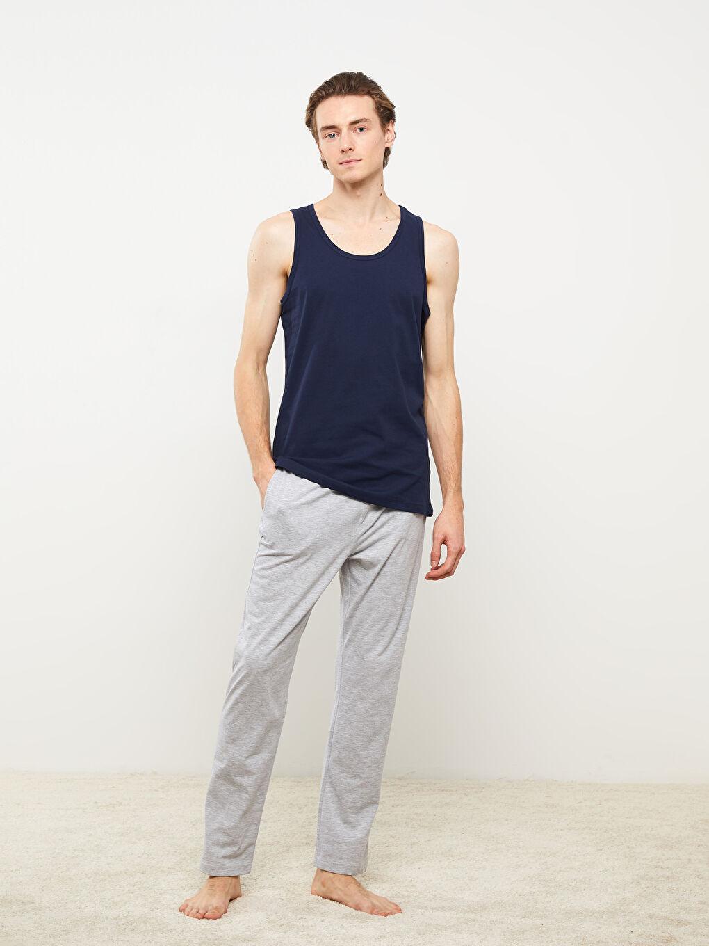 Lacivert Bisiklet Yaka Kolsuz Penye Erkek Atlet-1