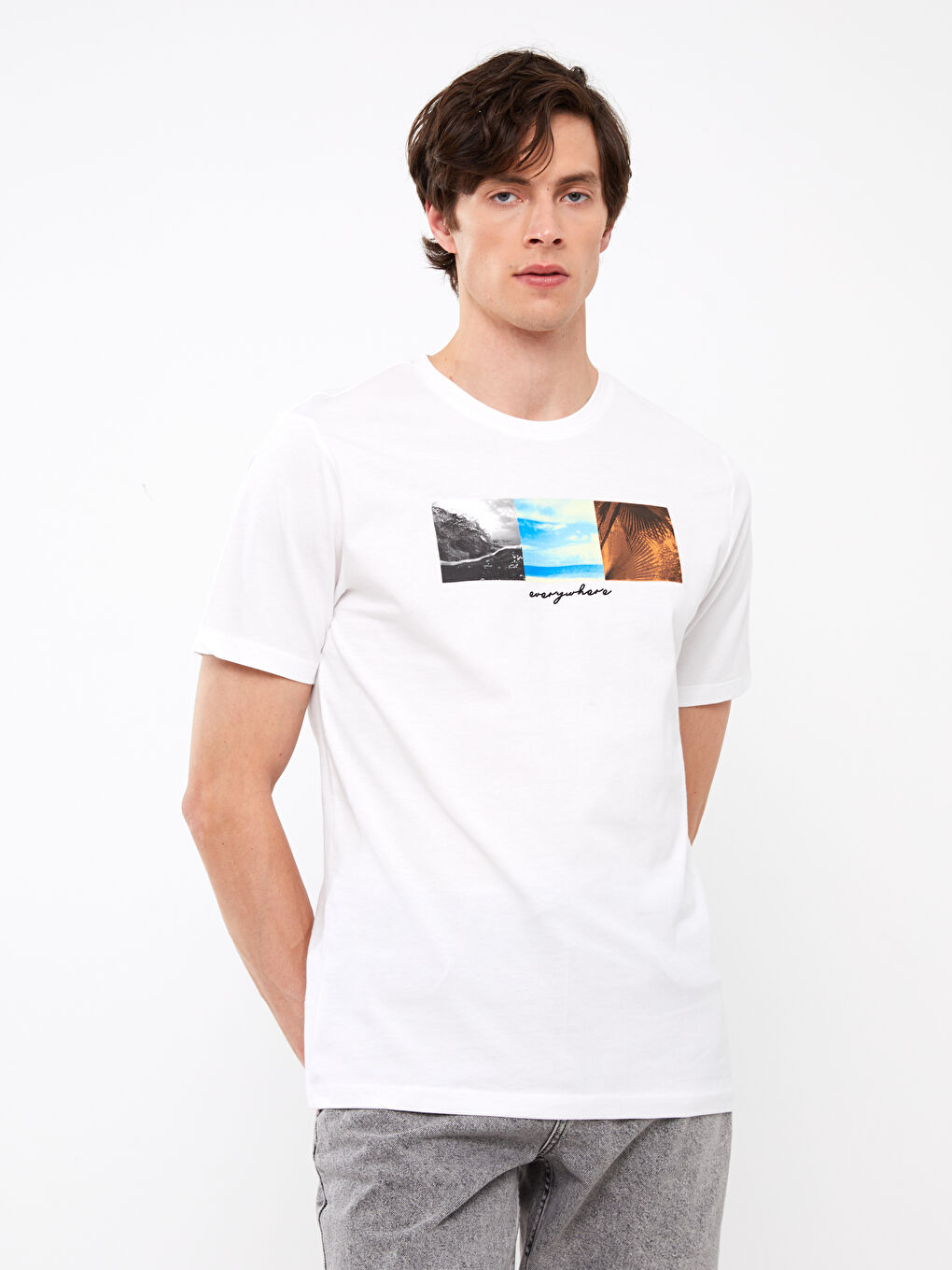 Beyaz Bisiklet Yaka Kısa Kollu Baskılı Penye Erkek Tişört