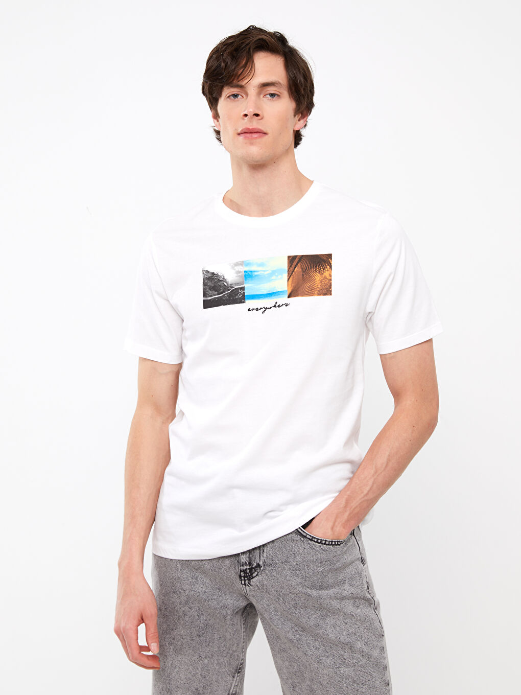 Beyaz Bisiklet Yaka Kısa Kollu Baskılı Penye Erkek Tişört-1