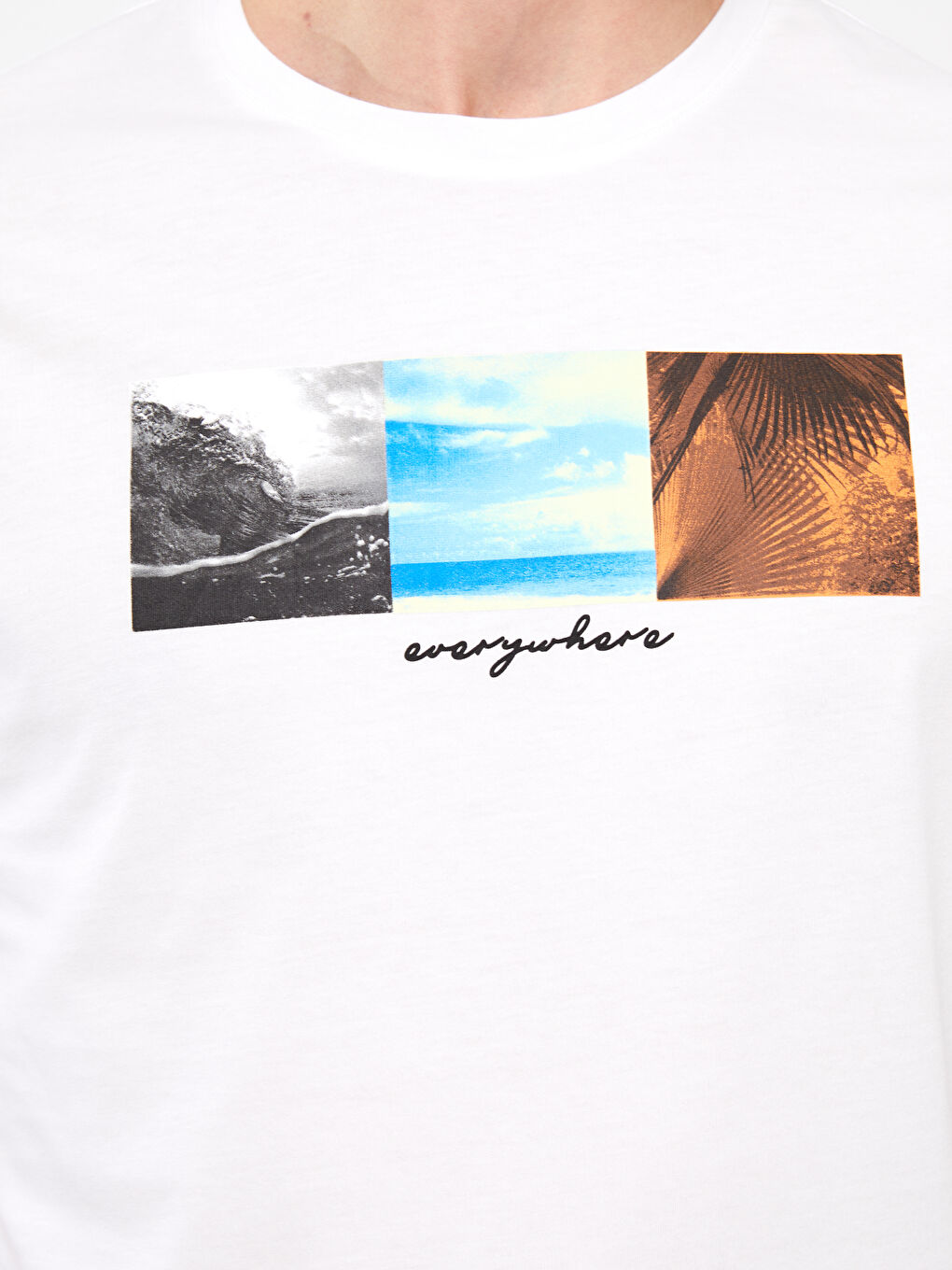 Beyaz Bisiklet Yaka Kısa Kollu Baskılı Penye Erkek Tişört-3