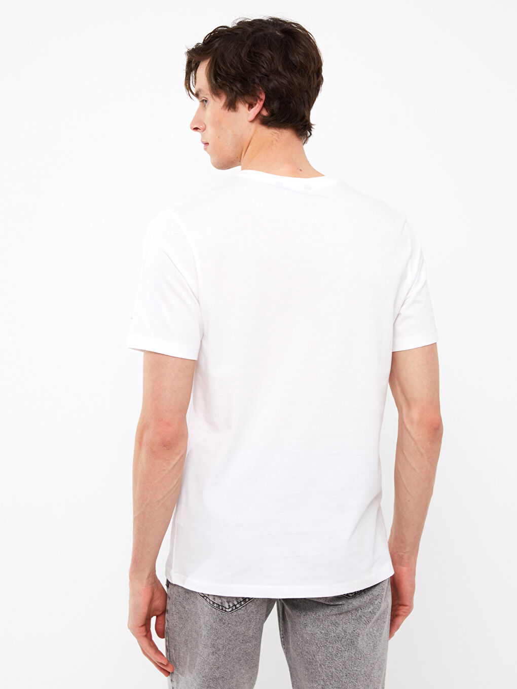 Beyaz Bisiklet Yaka Kısa Kollu Baskılı Penye Erkek Tişört-4