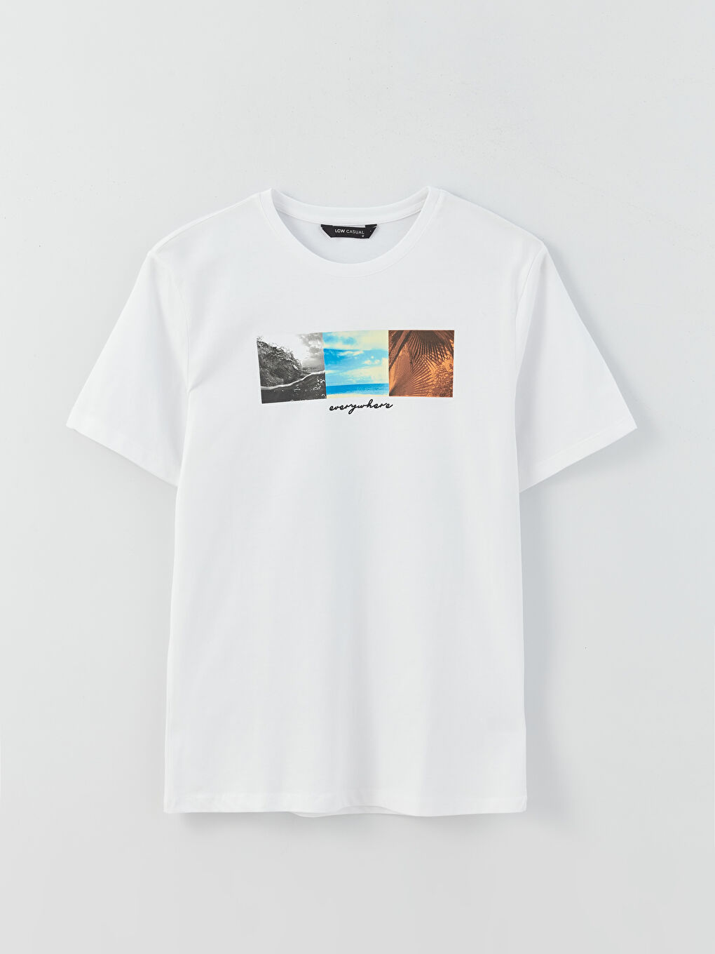 Beyaz Bisiklet Yaka Kısa Kollu Baskılı Penye Erkek Tişört-5