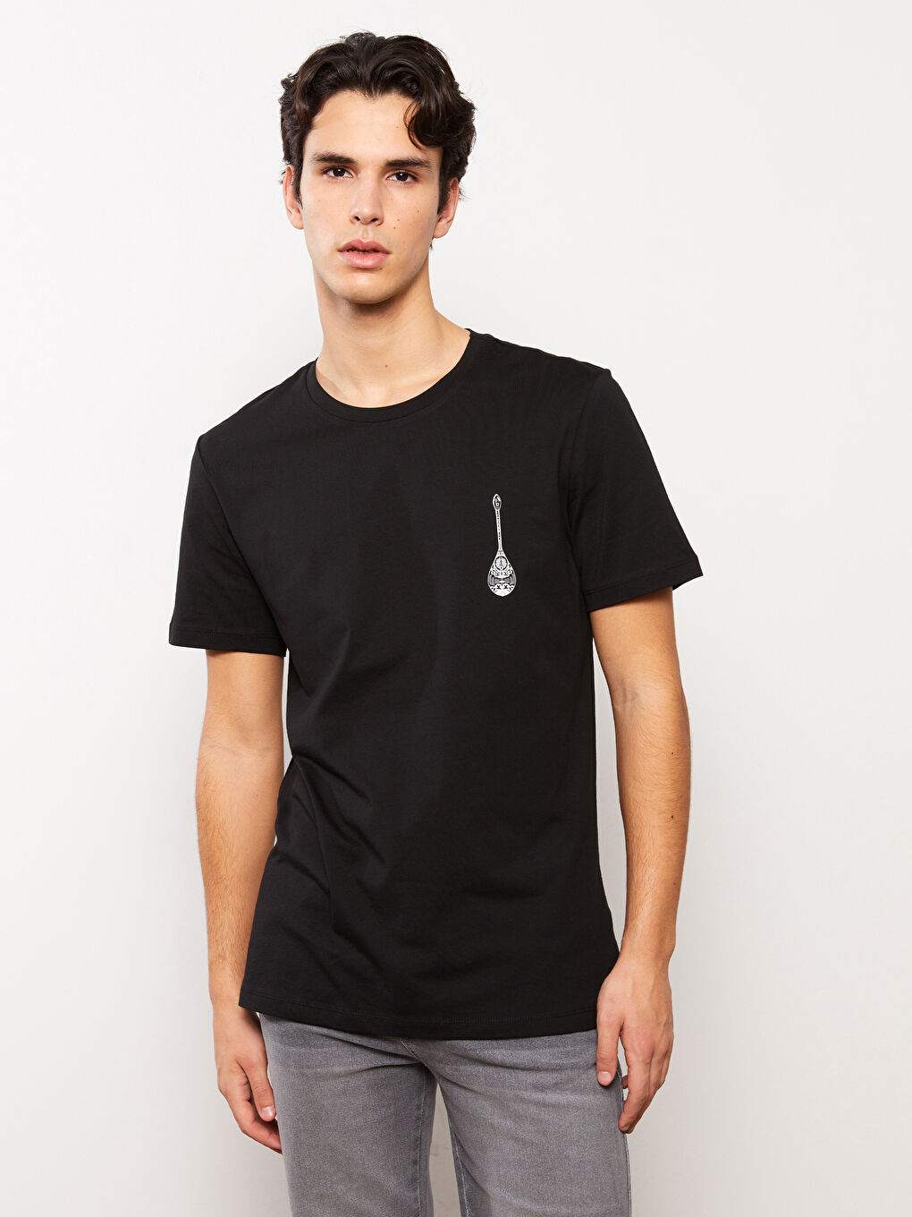 Siyah Bisiklet Yaka Kısa Kollu Baskılı Penye Erkek Tişört