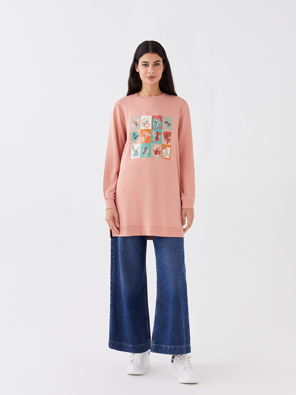 Crew Neck Printed Long Sleeve Women's Sweatshirt Tunic-1