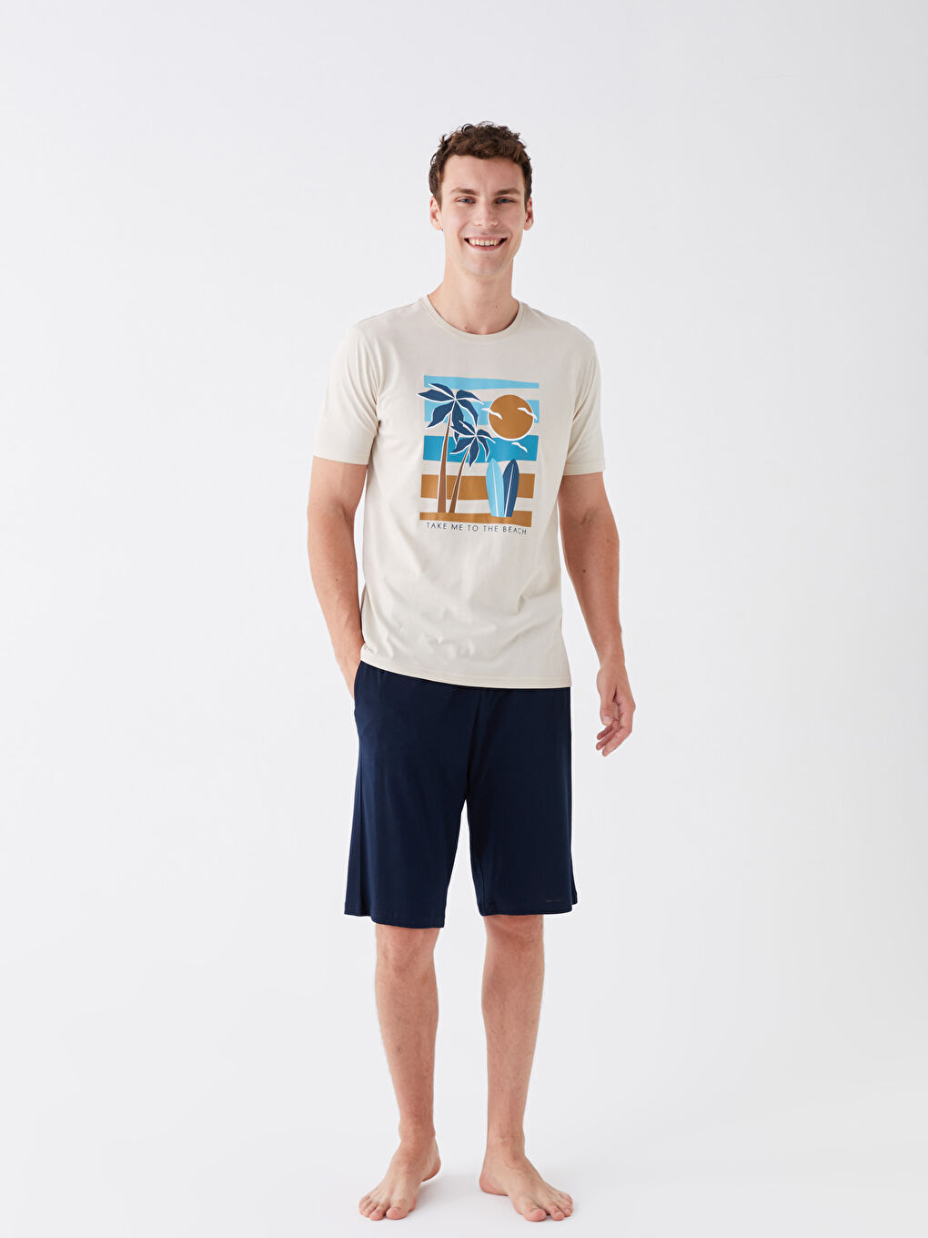 Bej Standart Kalıp Erkek Şortlu Pijama Takımı