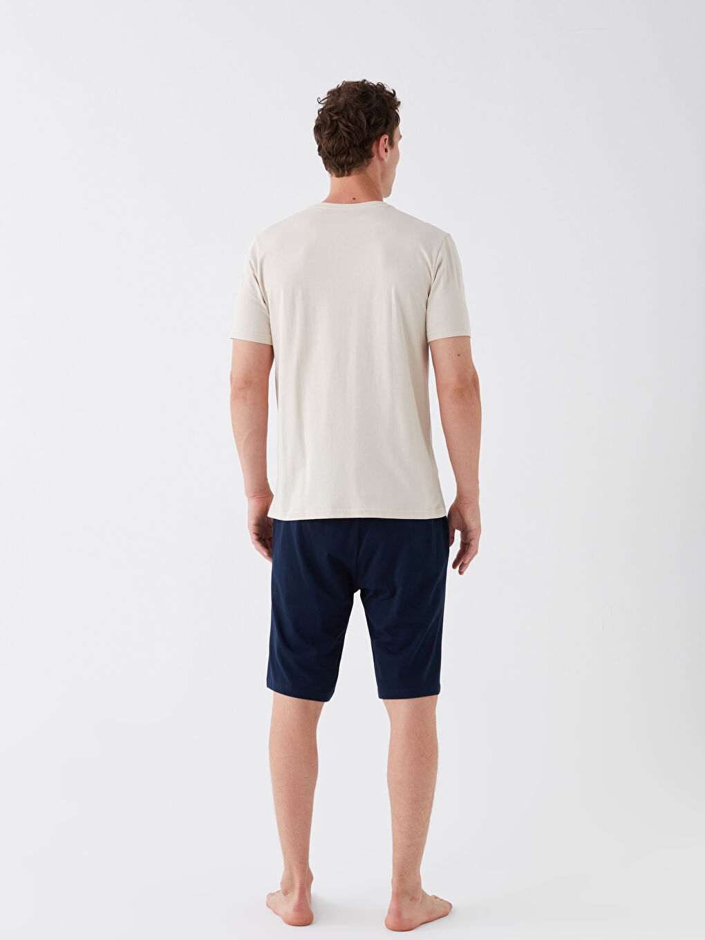 Bej Standart Kalıp Erkek Şortlu Pijama Takımı-3