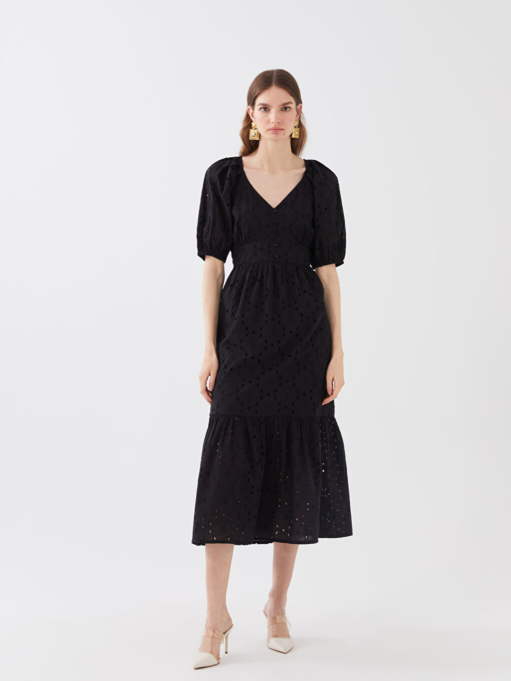 Siyah V Yaka Kendinden Desenli Kısa Kollu Kadın Elbise