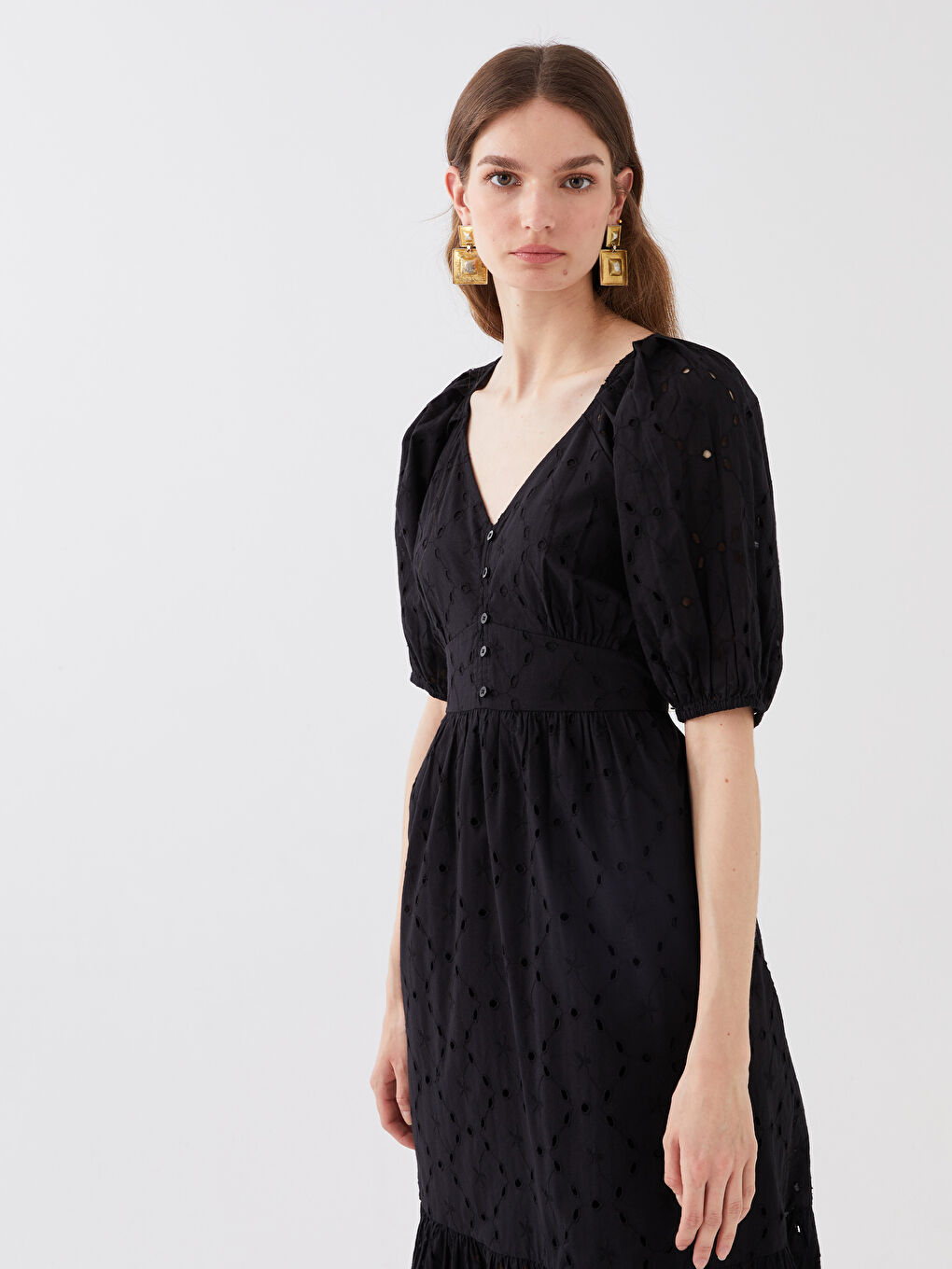 Siyah V Yaka Kendinden Desenli Kısa Kollu Kadın Elbise-2