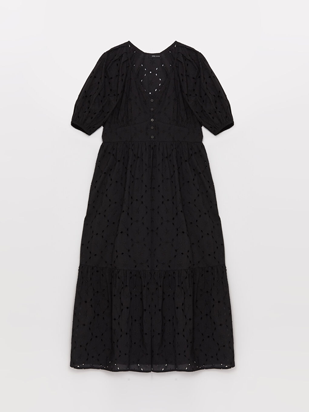 Siyah V Yaka Kendinden Desenli Kısa Kollu Kadın Elbise-5