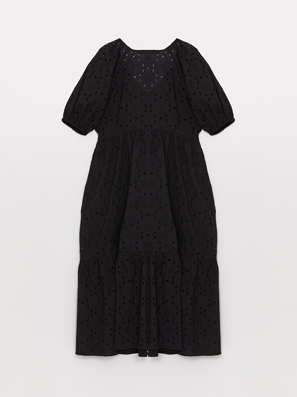 Siyah V Yaka Kendinden Desenli Kısa Kollu Kadın Elbise-6