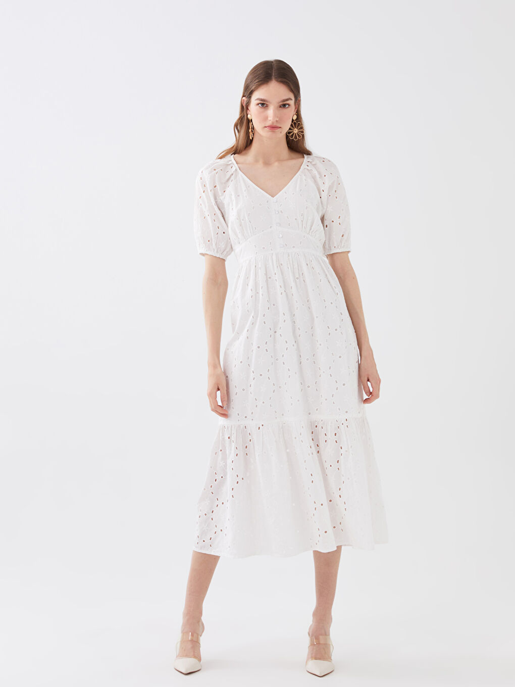 LCW Vision V-Neck Self-Patterned Short Sleeve Women's Dress -S3FH10Z8-E5X