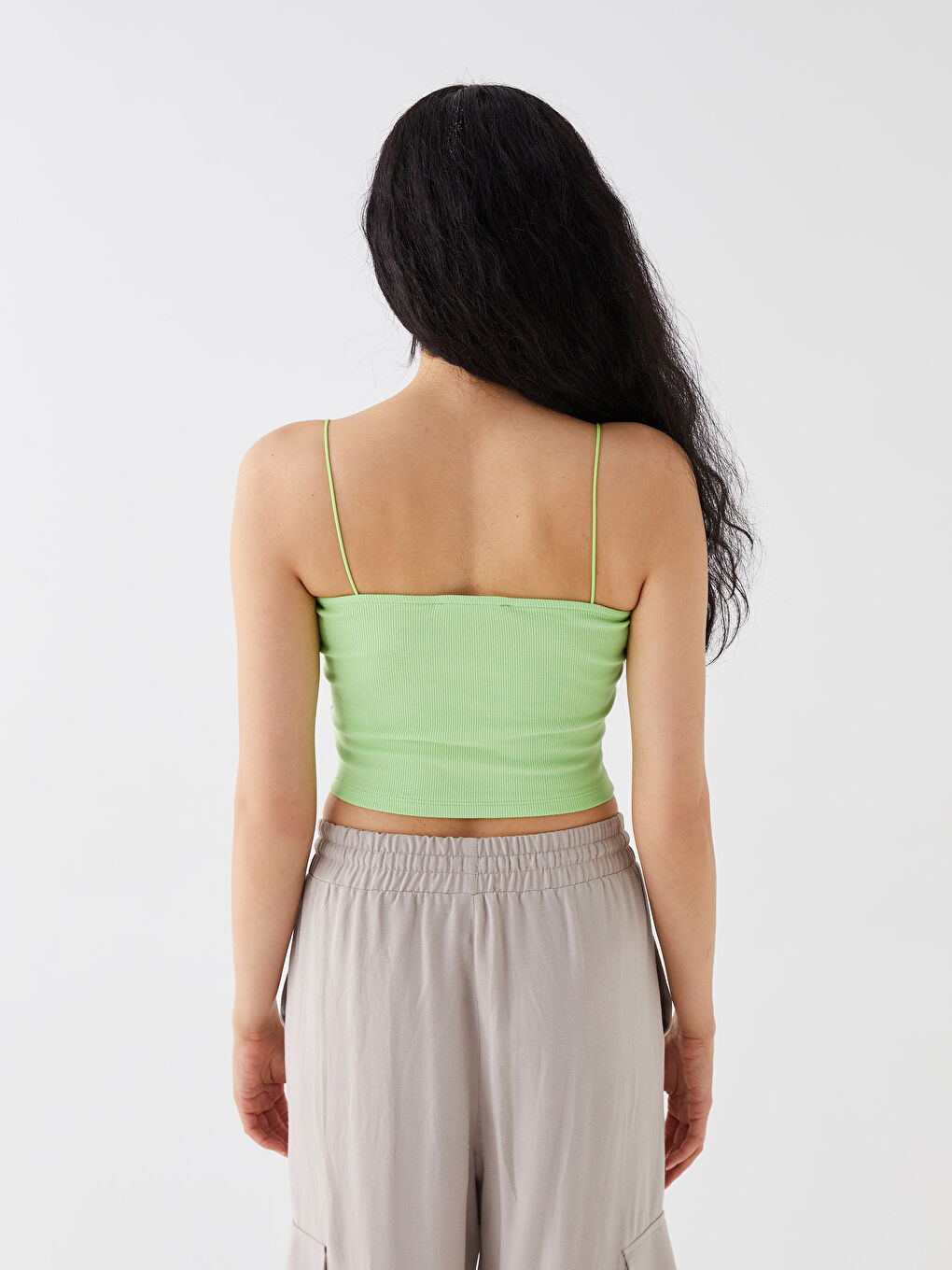 Yeşil Kare Yaka Düz Askılı Kadın Crop-4