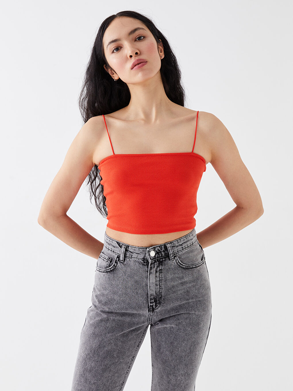 Square Collar Plain Strappy Women's Crop Top