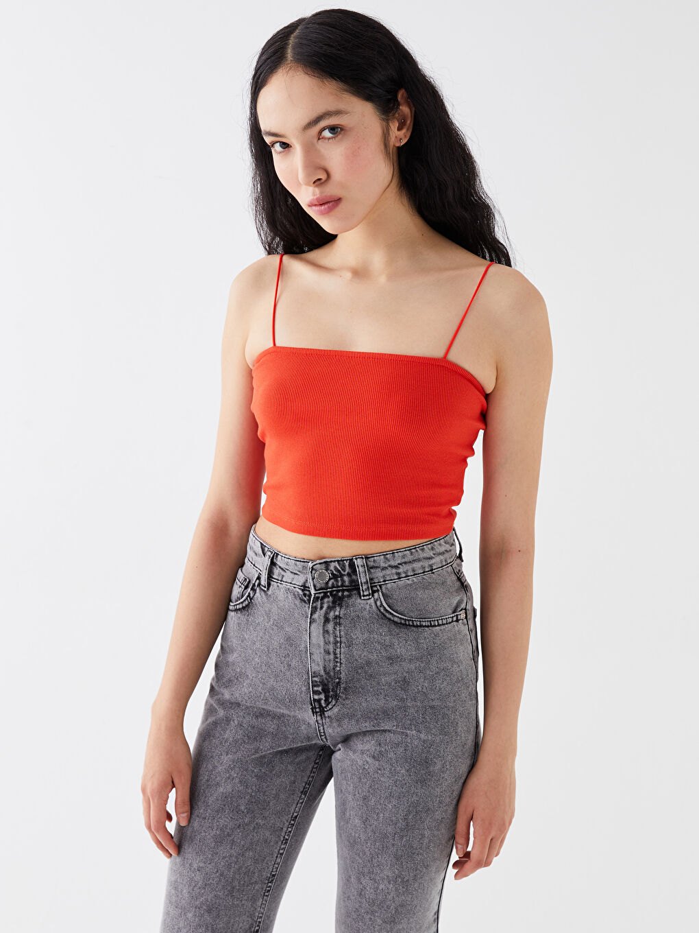Square Collar Plain Strappy Women's Crop Top-1