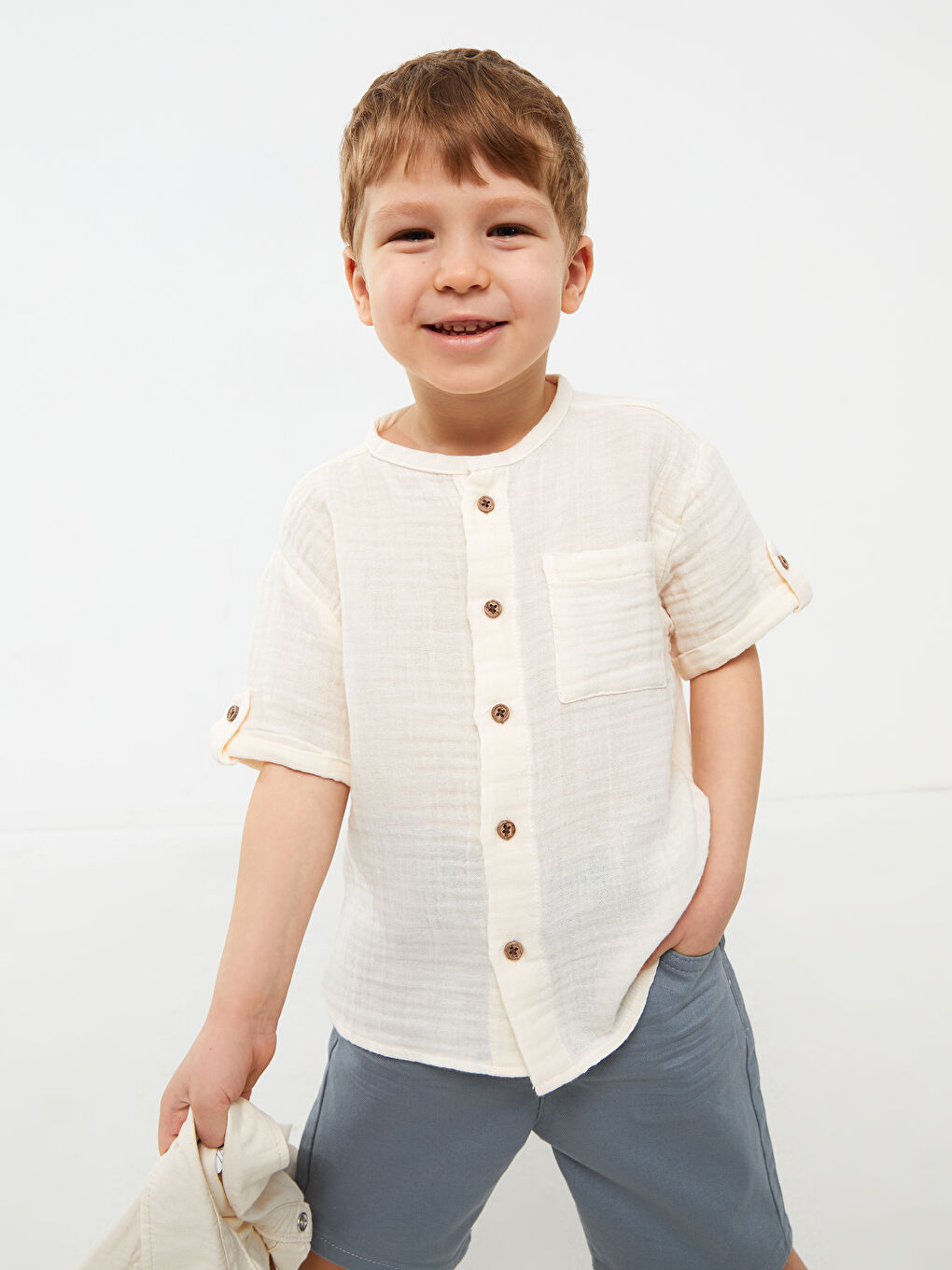 Ekru Hakim Yaka Kısa Kollu Basic Erkek Bebek Gömlek-1