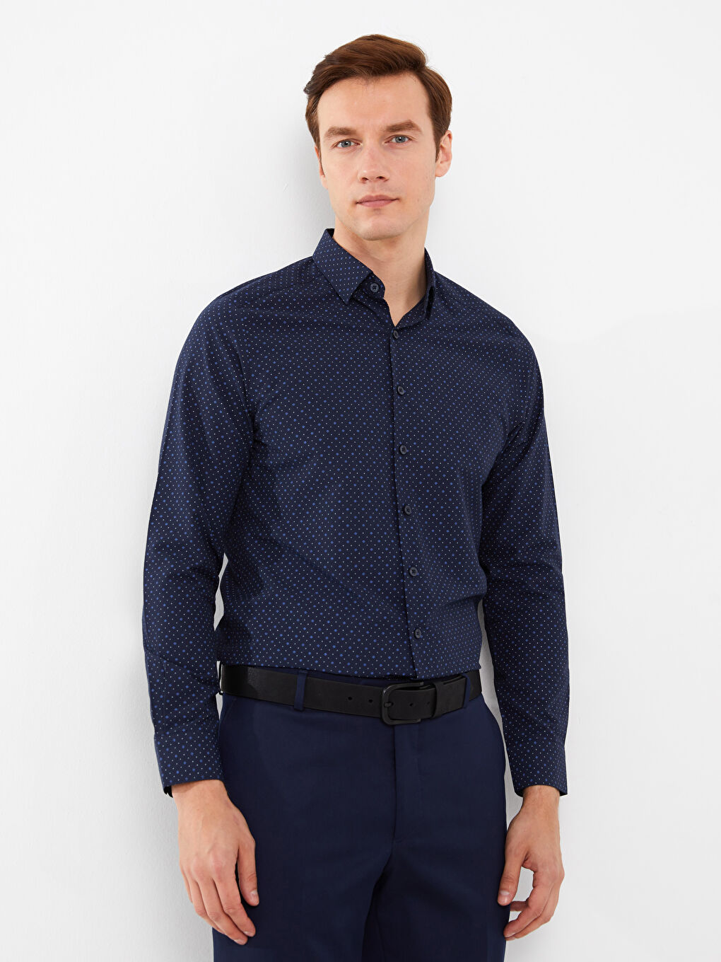 Slim Fit Long Sleeve Patterned Poplin Men's Shirt