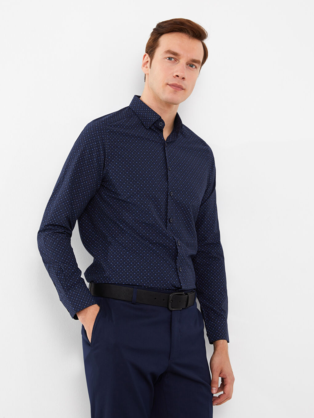 Slim Fit Long Sleeve Patterned Poplin Men's Shirt-1