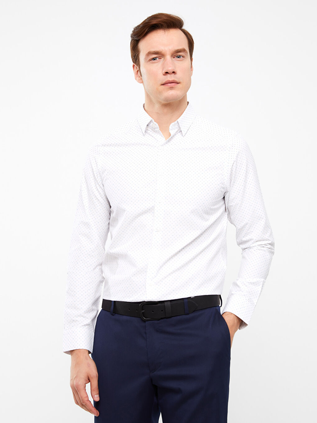 Beyaz Slim Fit Uzun Kollu Desenli Poplin Erkek Gömlek-1