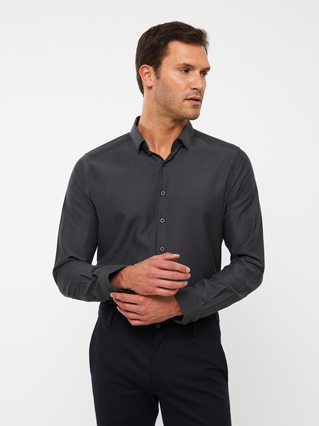 Siyah Slim Fit Uzun Kollu Erkek Gömlek-1