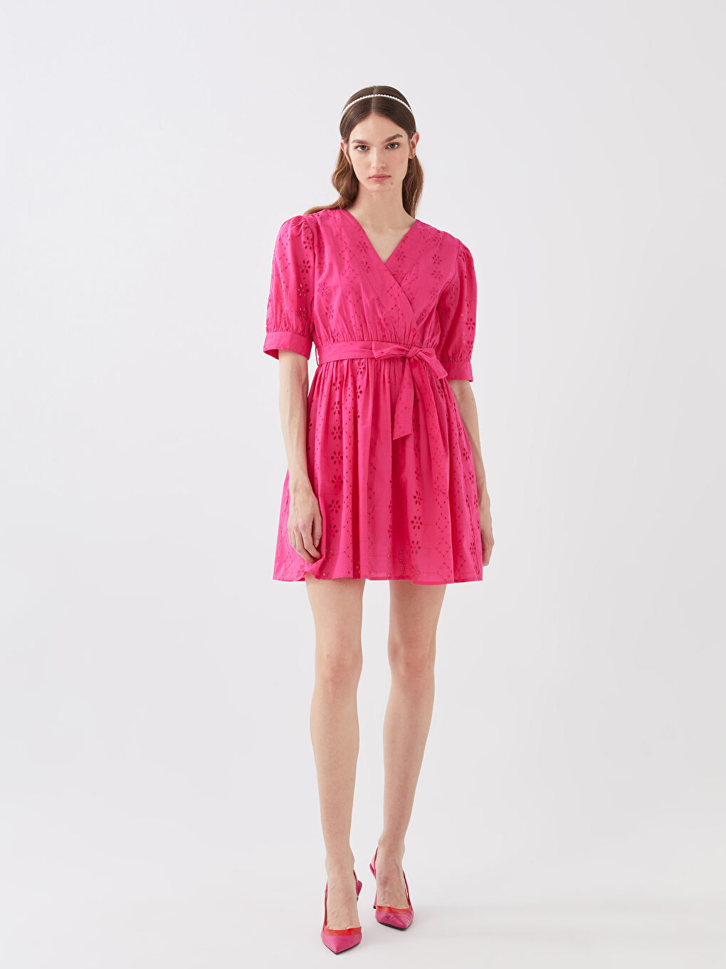 Robe pour Femmes à Col Double Boutonnage, À Motifs, Manches Courtes, Broderie-2