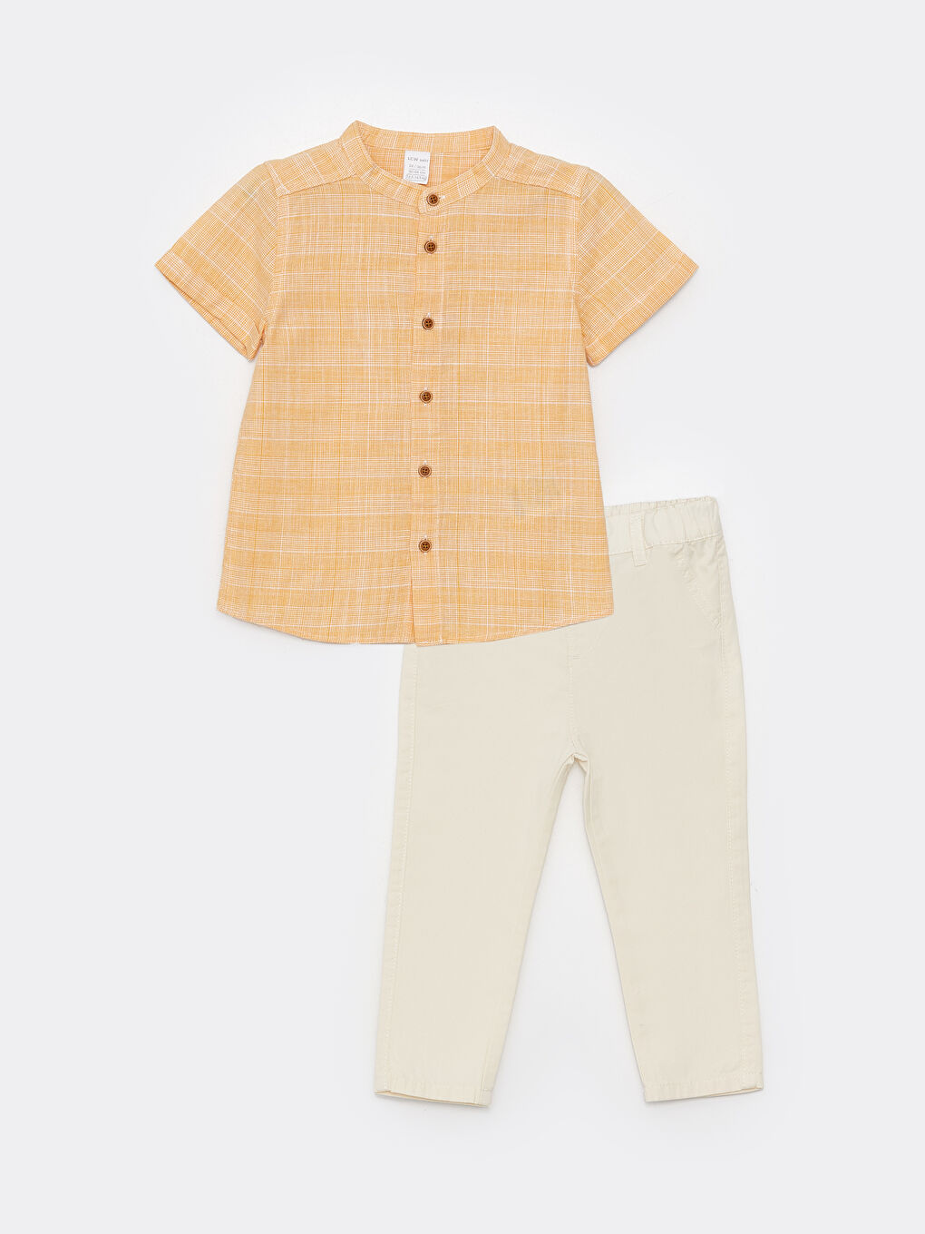 قميص بياقة مندرين كم قصير بنقشة للأولاد الرضع مع بنطلون - طقم من قطعتين