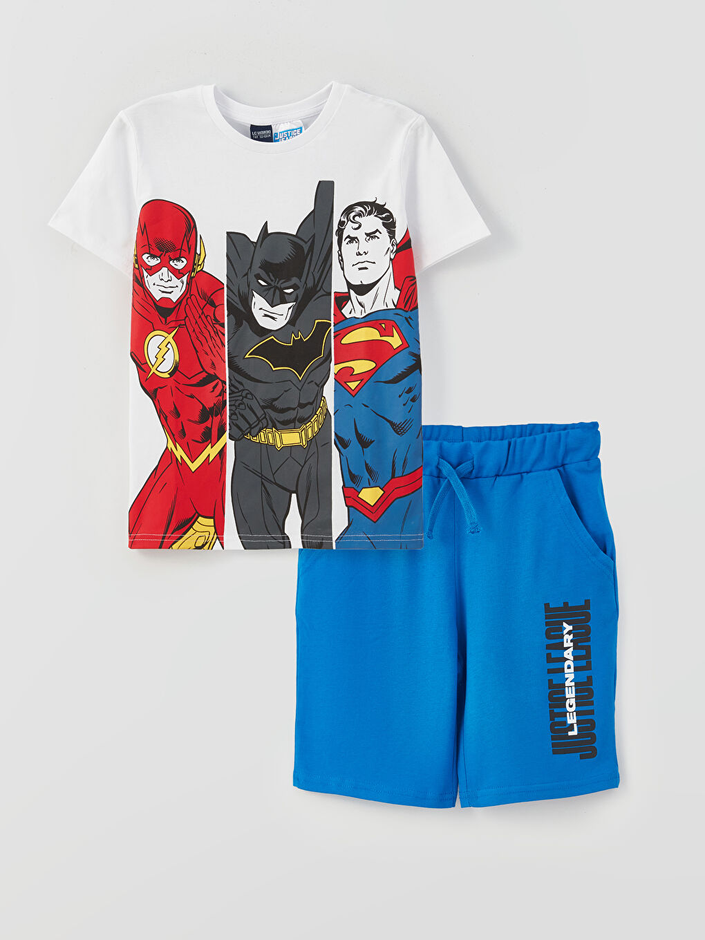 Beyaz Bisiklet Yaka Justice League Baskılı Kısa Kollu Erkek Çocuk Tişört ve Şort