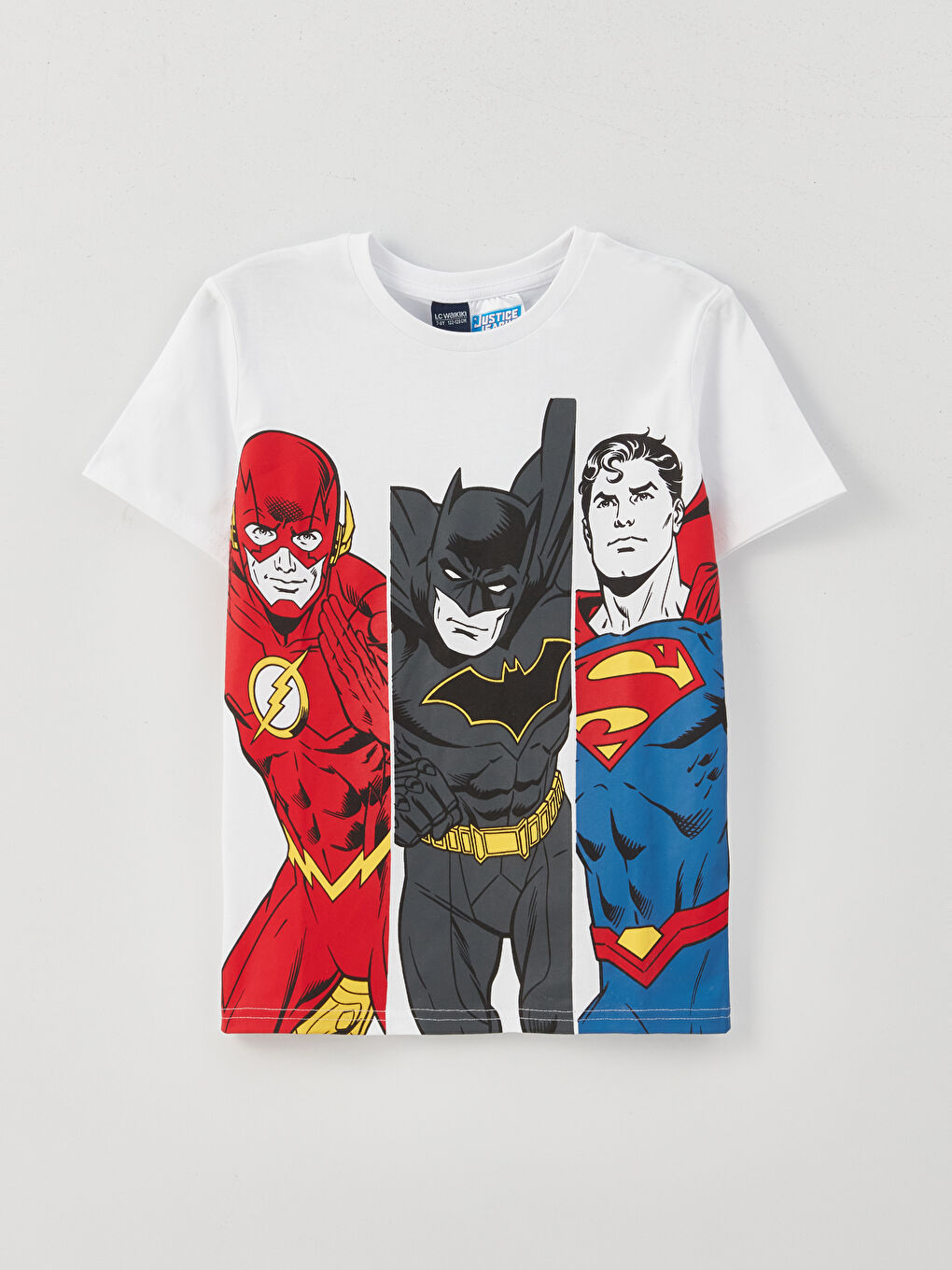 Beyaz Bisiklet Yaka Justice League Baskılı Kısa Kollu Erkek Çocuk Tişört ve Şort-1