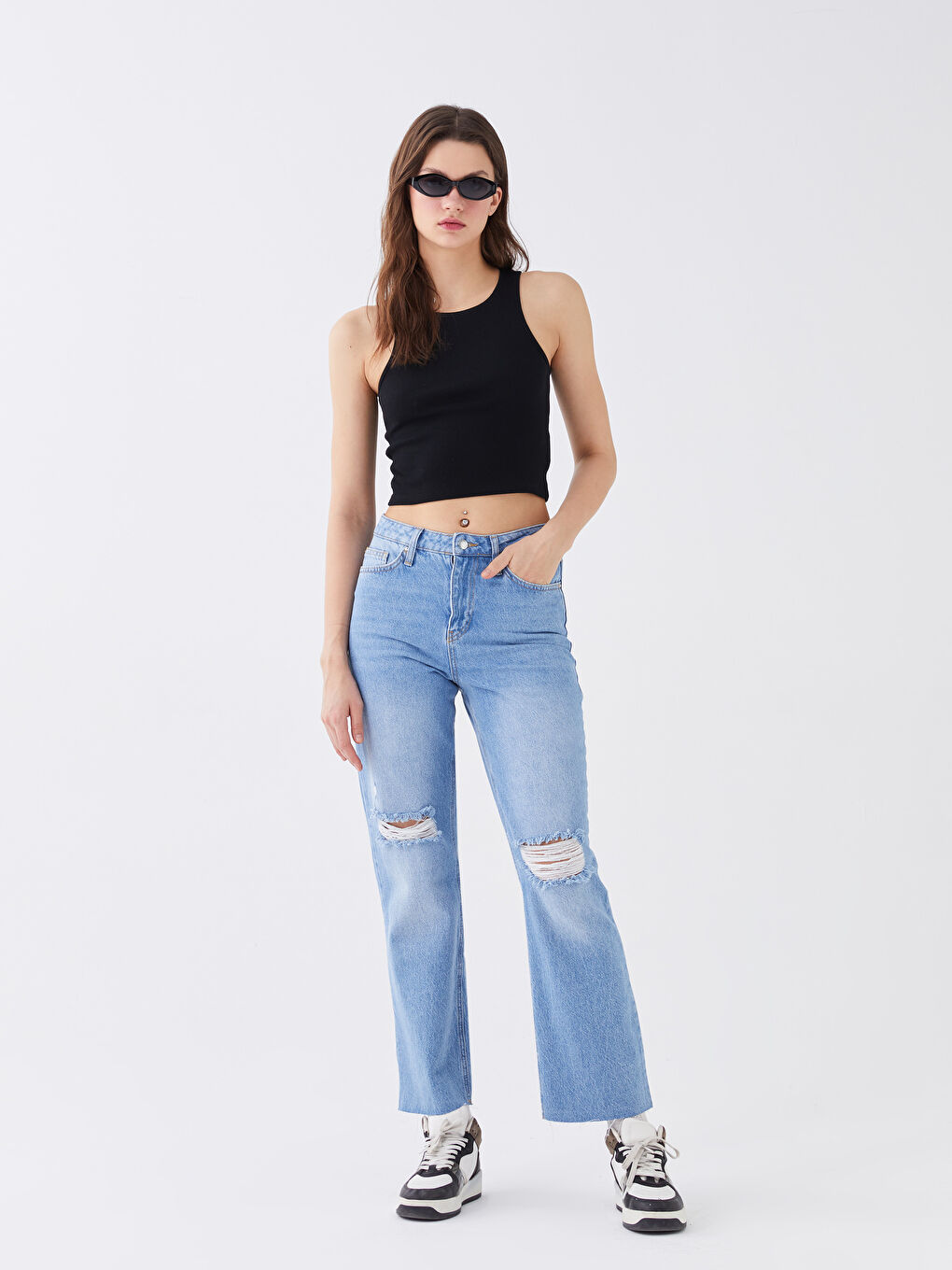 Blugi Drepți cu Talie Înaltă și Detalii Rupte pentru Femei