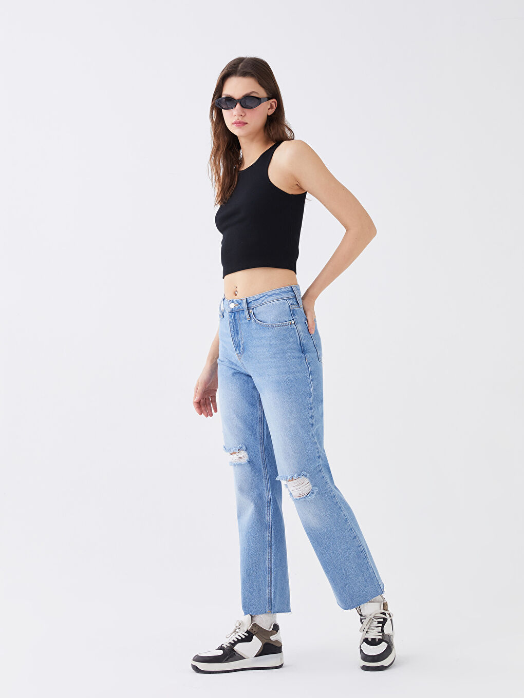 Blugi Drepți cu Talie Înaltă și Detalii Rupte pentru Femei-1
