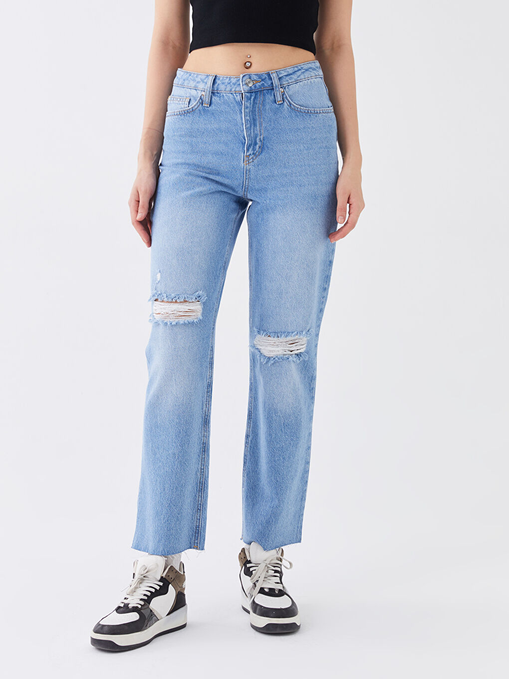 Blugi Drepți cu Talie Înaltă și Detalii Rupte pentru Femei-2