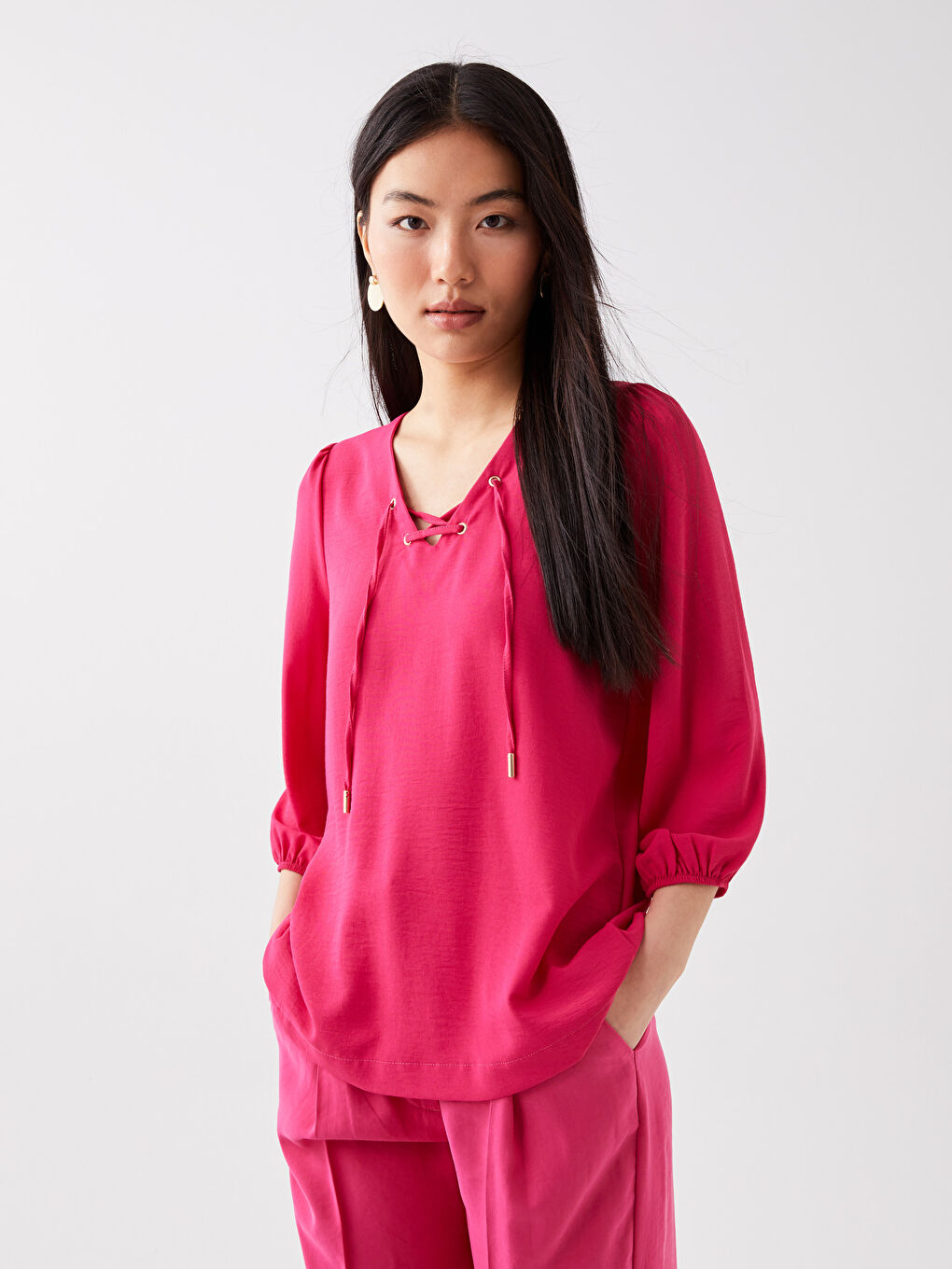 Pembe Kadın V Yaka Düz Bluz-1