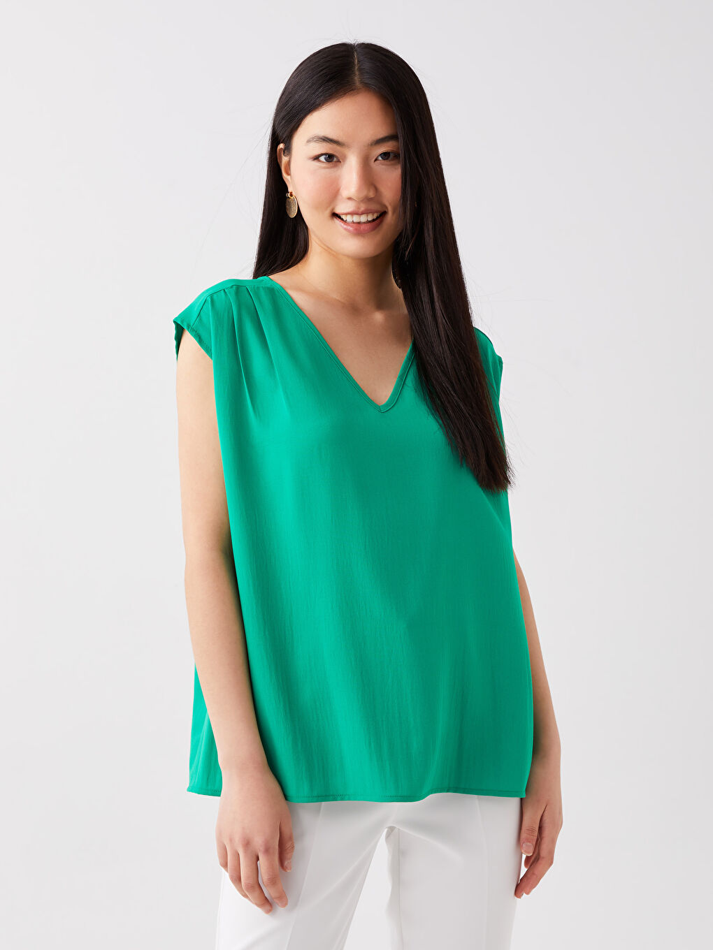 Women's V Neck Plain Blouse-1