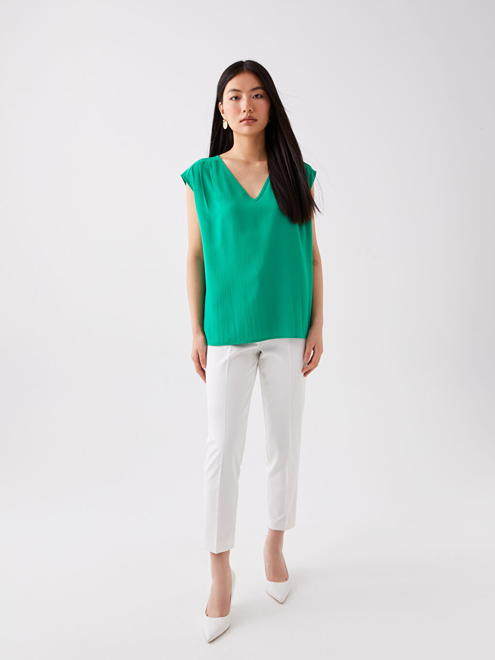 Women's V Neck Plain Blouse-2