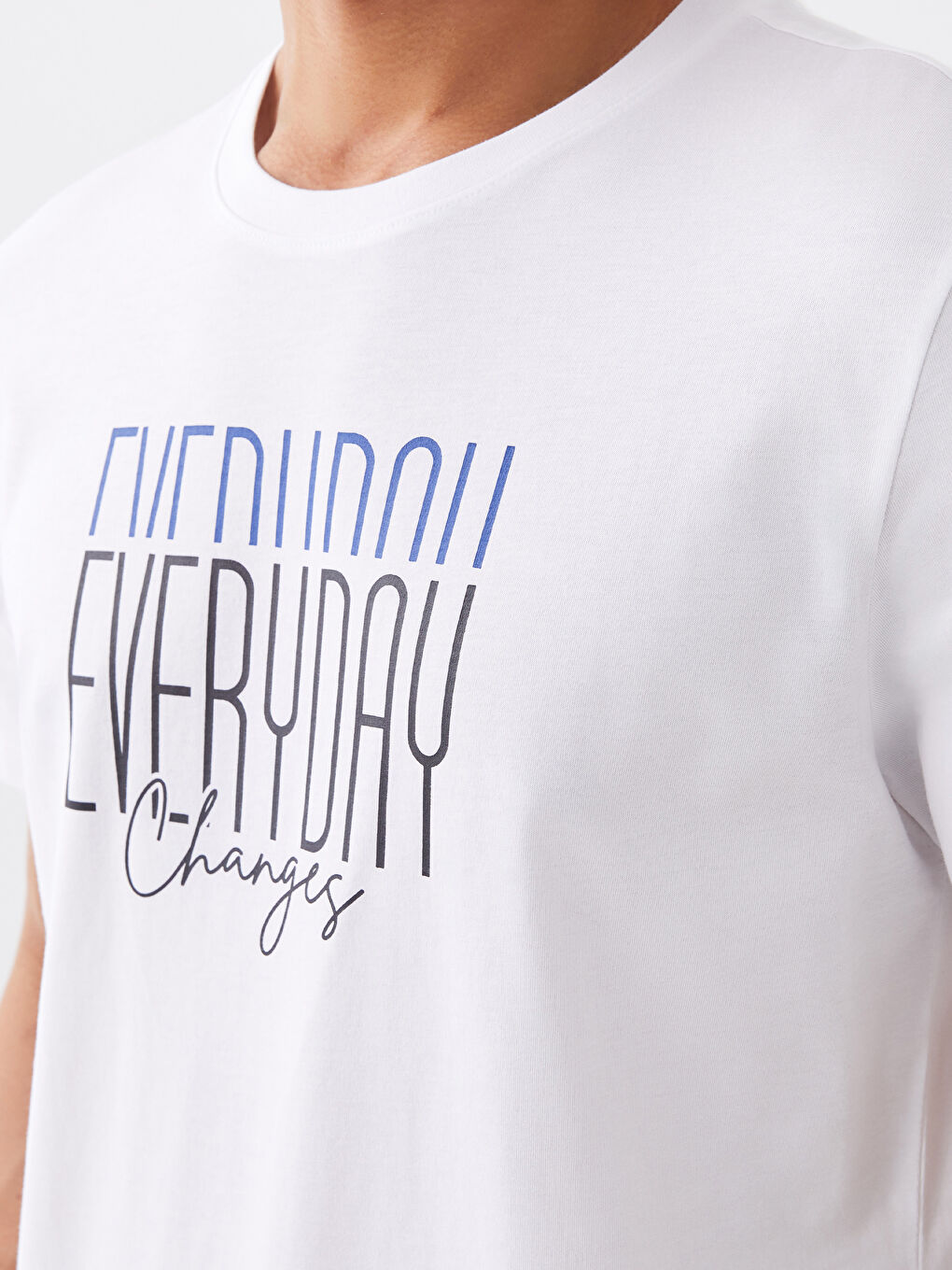 Beyaz Bisiklet Yaka Kısa Kollu Baskılı Penye Erkek Tişört-3