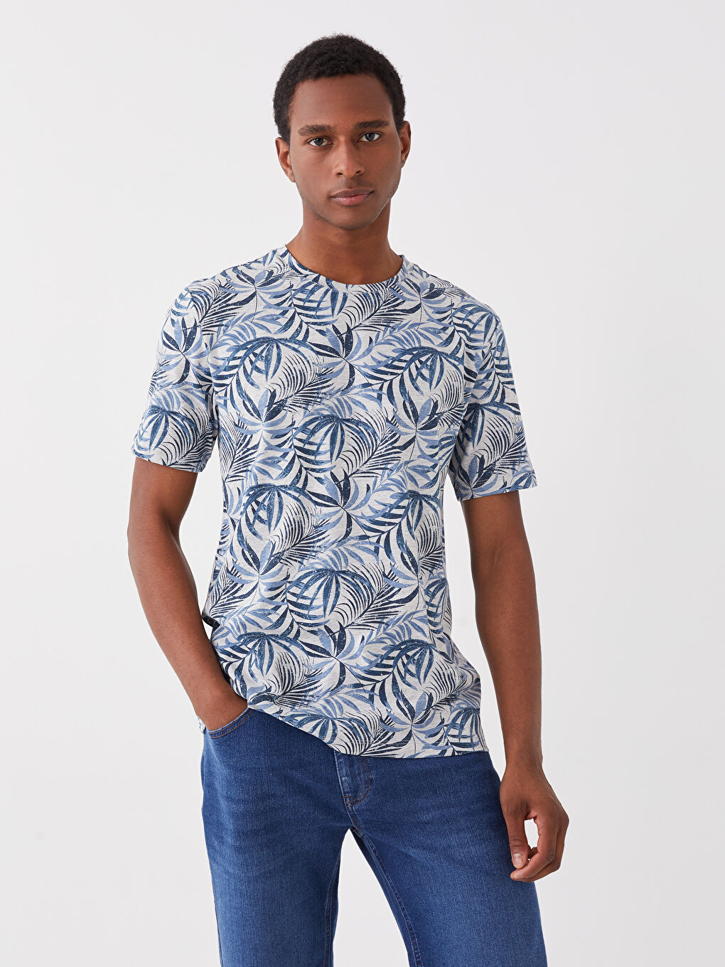 Gri Bisiklet Yaka Kısa Kollu Desenli Penye Erkek Tişört