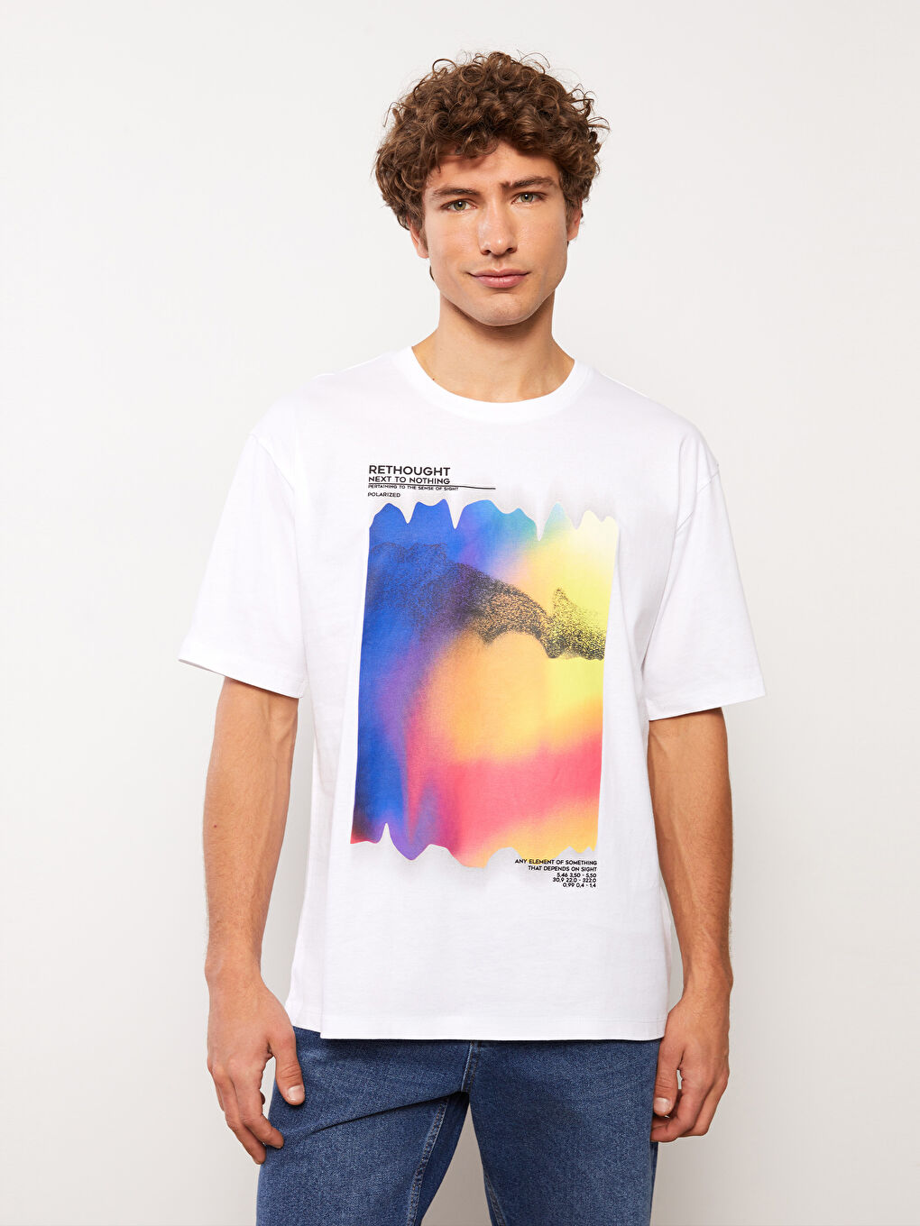 Beyaz Bisiklet Yaka Kısa Kollu Baskılı Penye Erkek Tişört