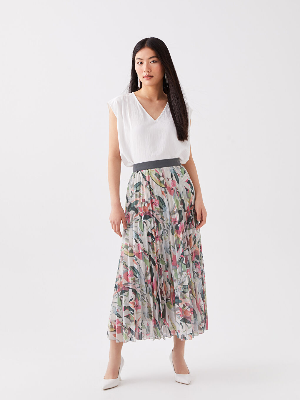 Fustă Plisată din Șifon Floral cu Talie Elastică pentru Femei