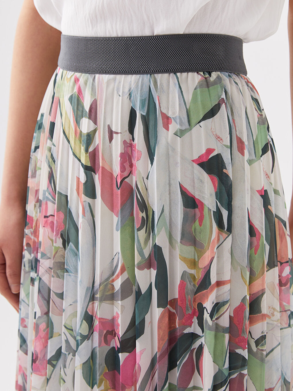 Fustă Plisată din Șifon Floral cu Talie Elastică pentru Femei-1
