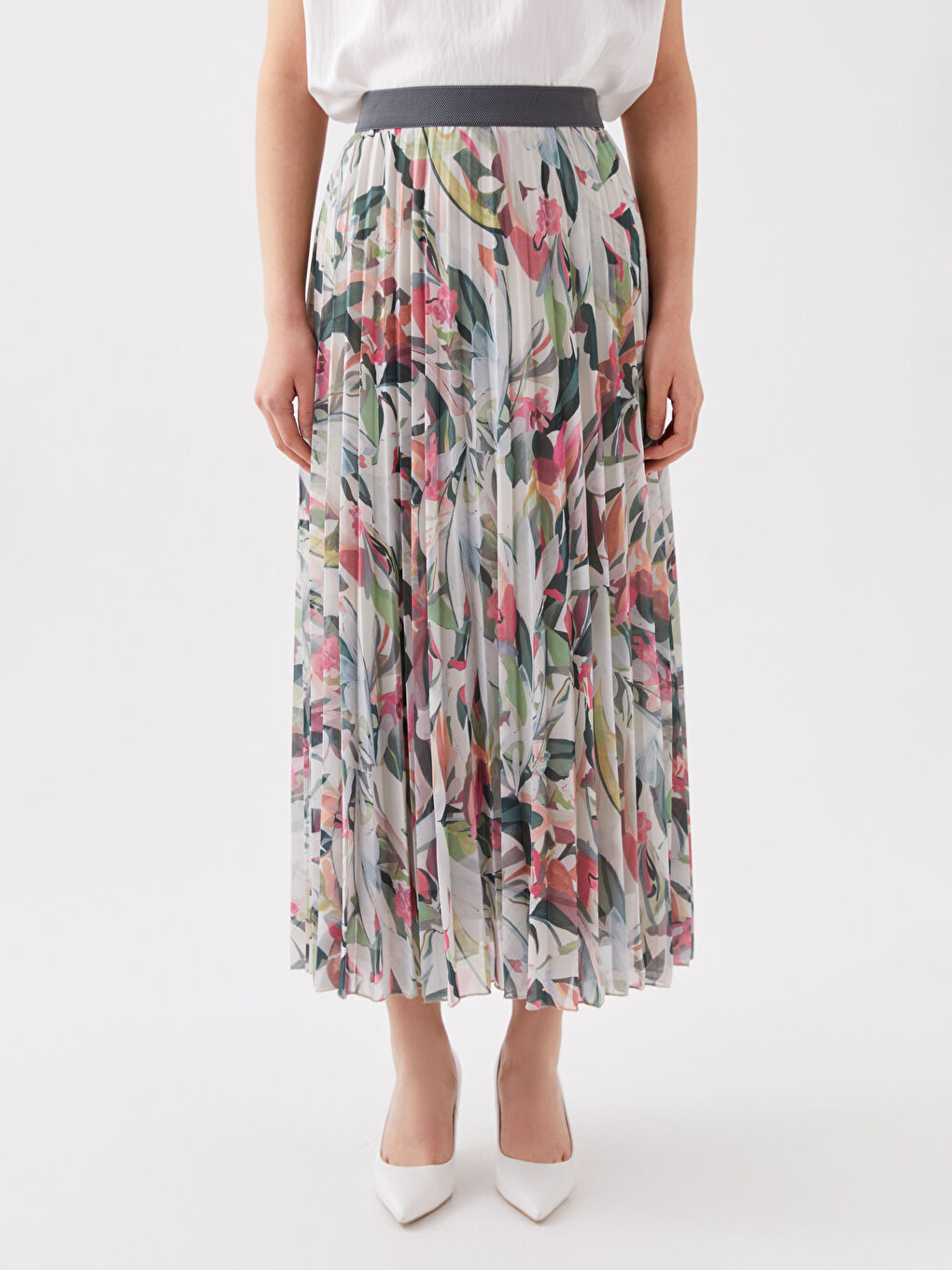 Fustă Plisată din Șifon Floral cu Talie Elastică pentru Femei-2