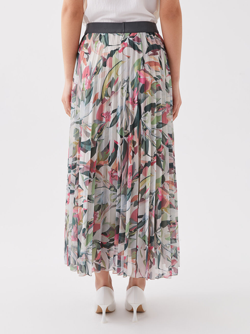 Fustă Plisată din Șifon Floral cu Talie Elastică pentru Femei-3