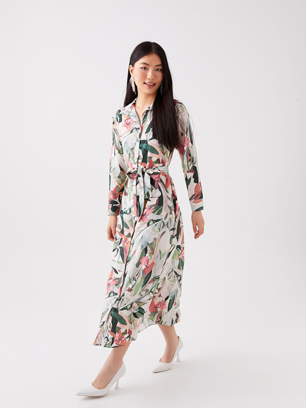 Patterned Long Sleeve Women's Shirt Dress -S3FI35Z8-F9C