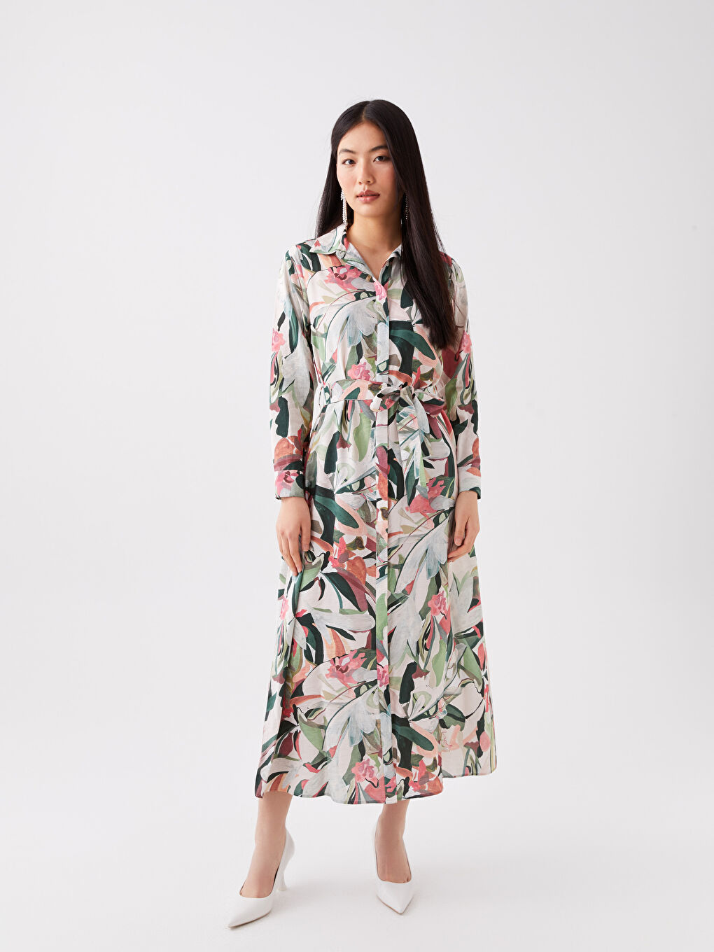 Patterned Long Sleeve Women's Shirt Dress -S3FI35Z8-F9C
